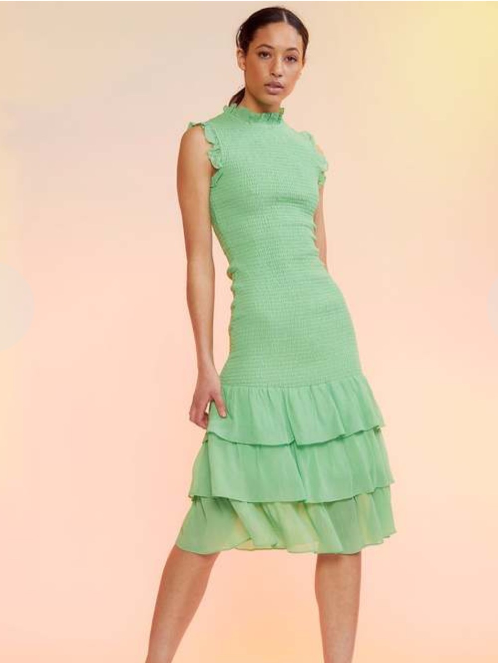 Cynthia Rowley April Smocked Ruffle Midi Dress Green Womens Size 4